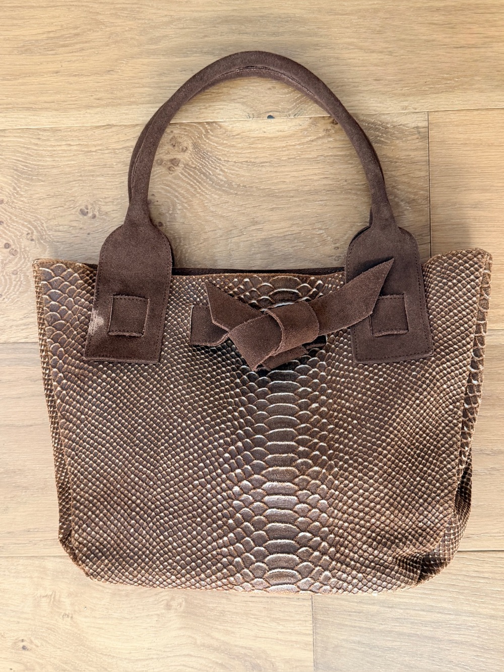 Longobardi Italian Brown Snake Embossed Leather Suede Bow Tote Bag Expandable